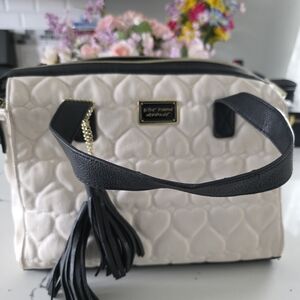 White Quilted Tote Bag with Black Trim and Tassel